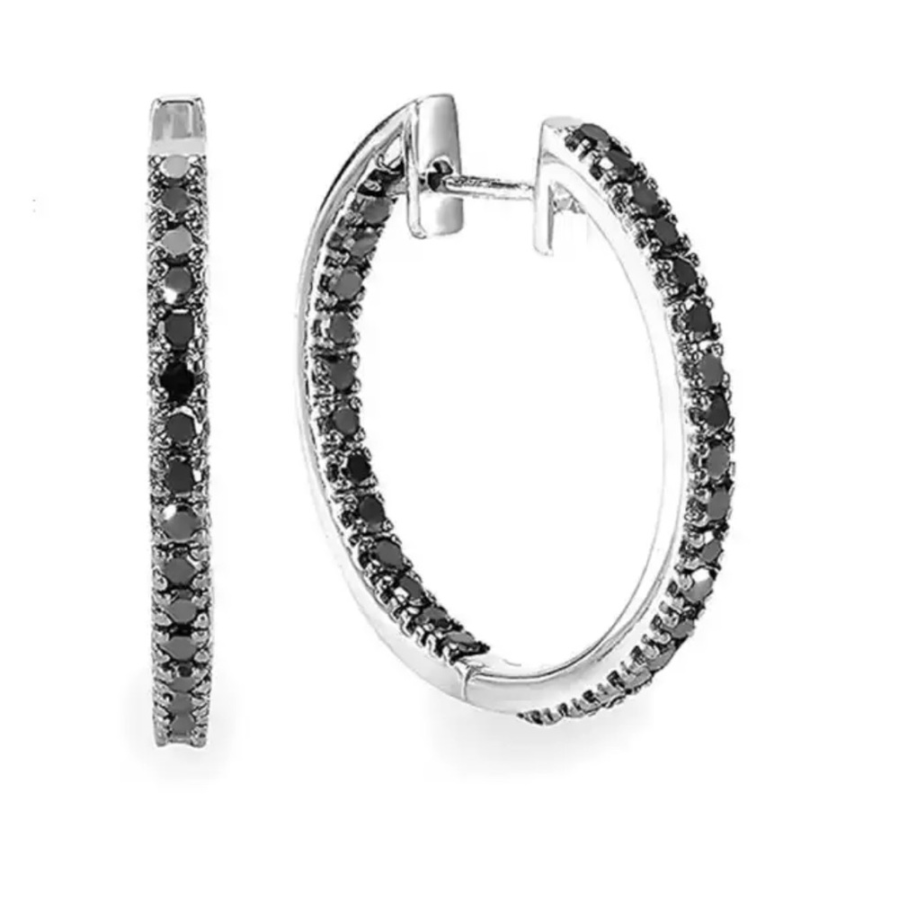 🌟 Sterling Silver Big Hoop Earring Black Diamonds